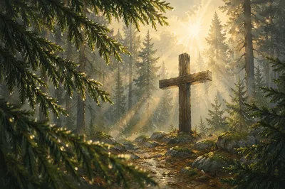 Wooden Cross in Evergreen Morning Light