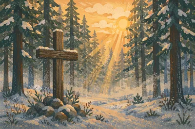 Weathered Cross in Evergreen Morning Light