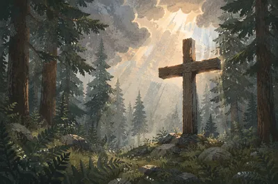 Wooden Cross in Evergreen Sunbeams