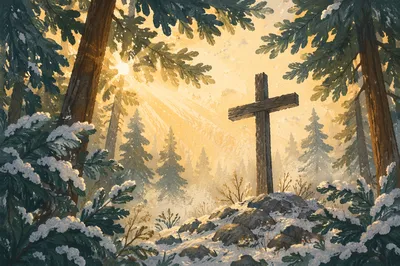 Wooden Cross in Evergreen Morning Light