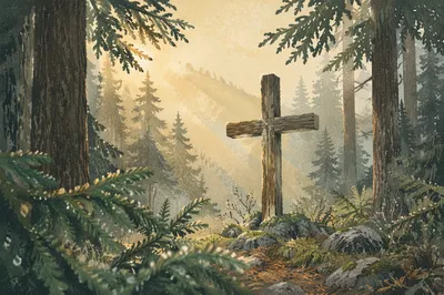 Wooden Cross in Evergreen Morning Light