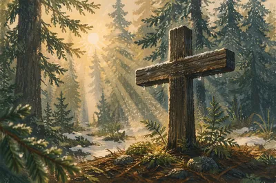 Wooden Cross with Morning Forest Light Rays