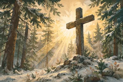 Wooden Cross Illuminated in Evergreen Forest