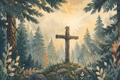 Wooden Cross in Evergreen Morning Light