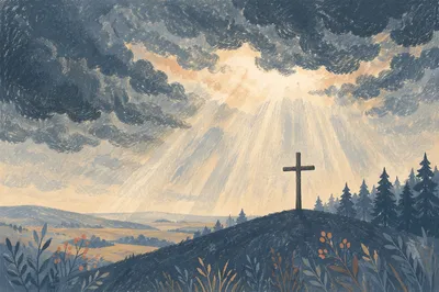 Wooden Cross Beneath Stormy Light Rays