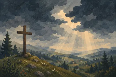 Wooden Cross Above Evergreen Valley Light