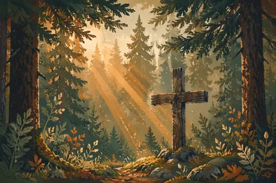 Wooden Cross in Evergreen Morning Light