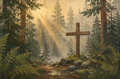 Wooden Cross in Evergreen Morning Light