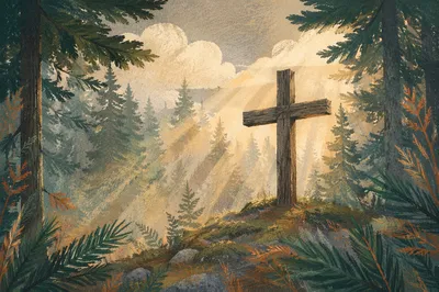 Wooden Cross in Evergreen Morning Light
