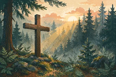 Wooden Cross in Evergreen Dawn Light