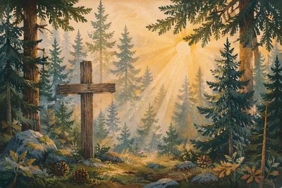 Wooden Cross in Evergreen Sunrise Rays