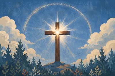 Wooden Cross with Radiant Sky Light