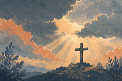 Wooden Cross Beneath Breaking Heavenly Light