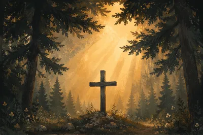 Wooden Cross with Golden Forest Rays