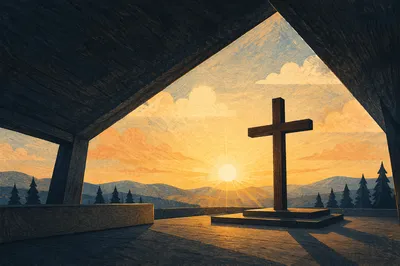 Wooden Cross with Sunset Light Rays