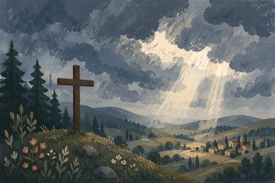 Wooden Cross Beneath Breaking Storm Light