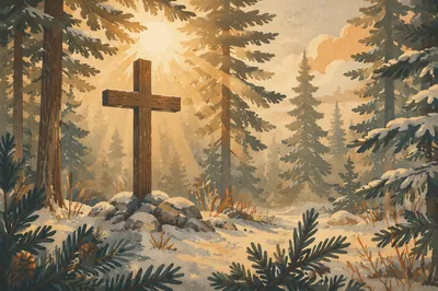 Wooden Cross in Evergreen Sun Rays