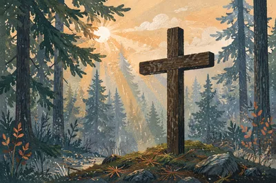Wooden Cross in Evergreen Morning Light