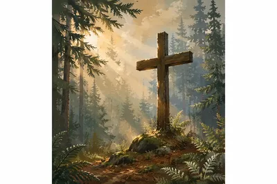 Wooden Cross in Misty Evergreen Light