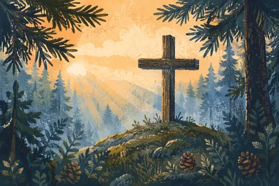 Dawn Cross in Evergreen Forest Light