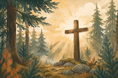 Evergreen Forest Cross with Morning Light Rays