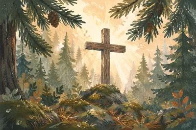 Weathered Cross Beneath Evergreen Light Rays