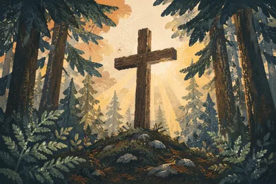 Weathered Cross in Evergreen Morning Light