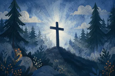 Wooden Cross in Evergreen Sunrise Rays