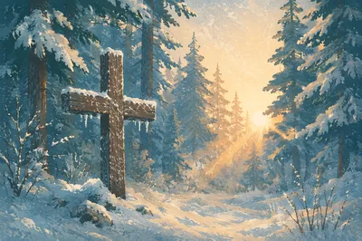 Wooden Cross in Snowy Evergreen Light