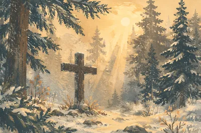 Evergreen Cross with Morning Light Rays