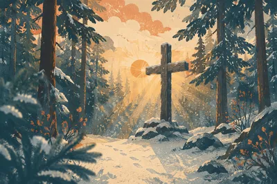 Wooden Cross in Evergreen Winter Light