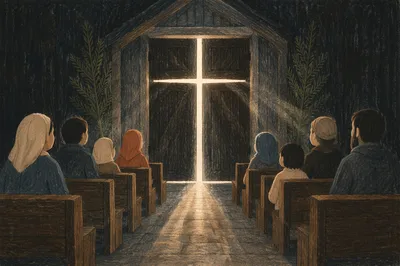 Cross of Morning Light in Rustic Chapel