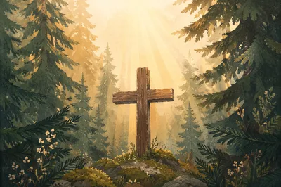 Wooden Cross in Evergreen Morning Rays
