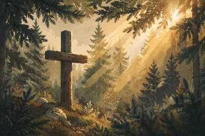 Wooden Cross in Evergreen Morning Light