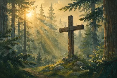 Weathered Cross in Evergreen Morning Light