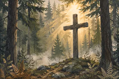 Wooden Cross in Evergreen Light Rays