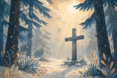Weathered Cross in Dawn Evergreen Light