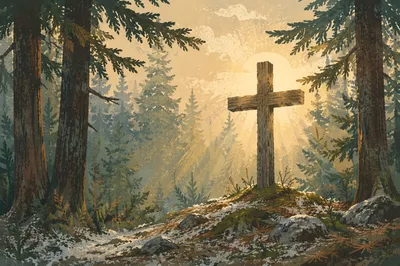 Wooden Cross in Evergreen Morning Light