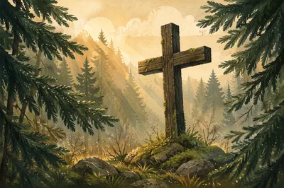 Wooden Cross in Evergreen Morning Light