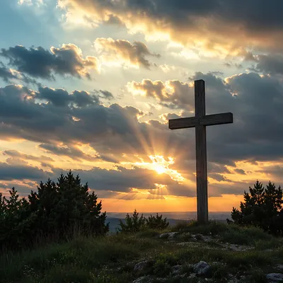Wooden Cross Beneath Hopeful Sunset Rays