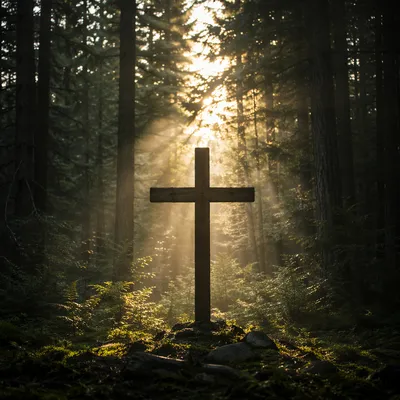 Wooden Cross in Evergreen Morning Light