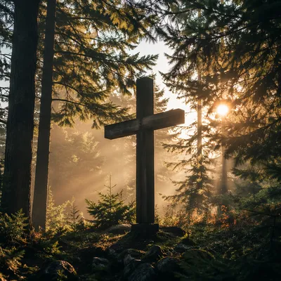 Wooden Cross in Evergreen Morning Light