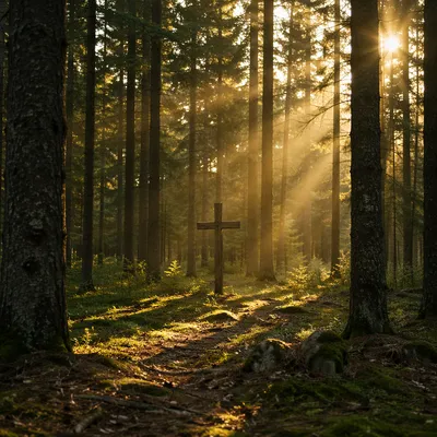 Wooden Cross in Sunlit Evergreen Forest