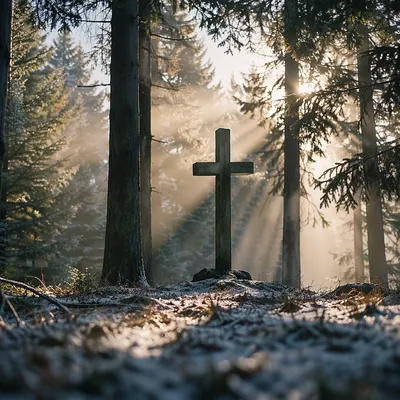 Wooden Cross in Evergreen Morning Light