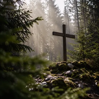Wooden Cross in Evergreen Morning Light