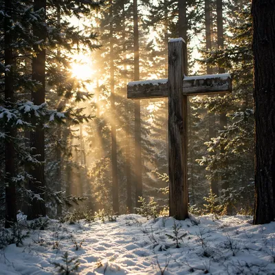 Weathered Cross in Evergreen Morning Rays