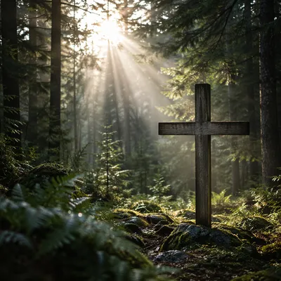 Wooden Cross in Evergreen Morning Light