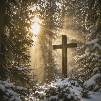 Wooden Cross in Evergreen Morning Light