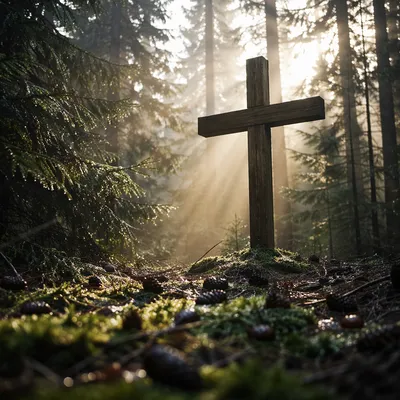 Wooden Cross in Misty Evergreen Morning