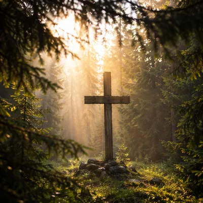Wooden Cross in Sunlit Evergreen Forest
